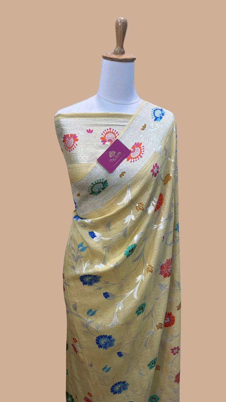 Pink Banarasi Soft Silk Saree with Multicolor Floral Weaving