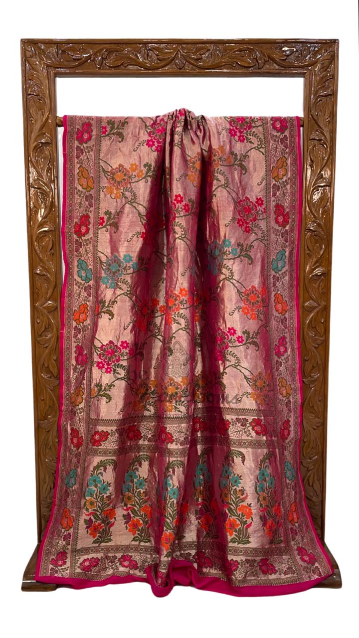 Blush Pink Banarasi Soft Silk Saree with Multicolor Floral Weaving