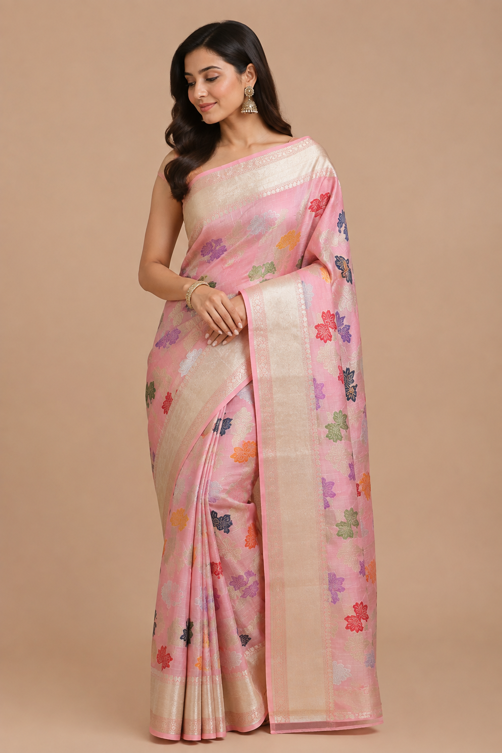 Pink Banarasi Soft Silk Saree with Multicolor Floral Weaving