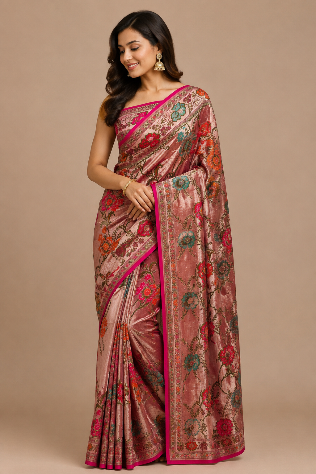Blush Pink Banarasi Soft Silk Saree with Multicolor Floral Weaving