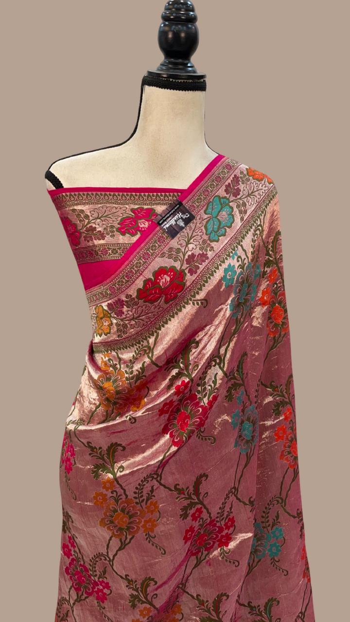 Blush Pink Banarasi Soft Silk Saree with Multicolor Floral Weaving